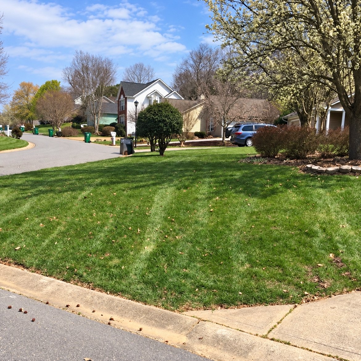 Mowed lawn with faint stripes beside a curb with a fire hydrant, a flowering pear tree and a mulched shrub bed
