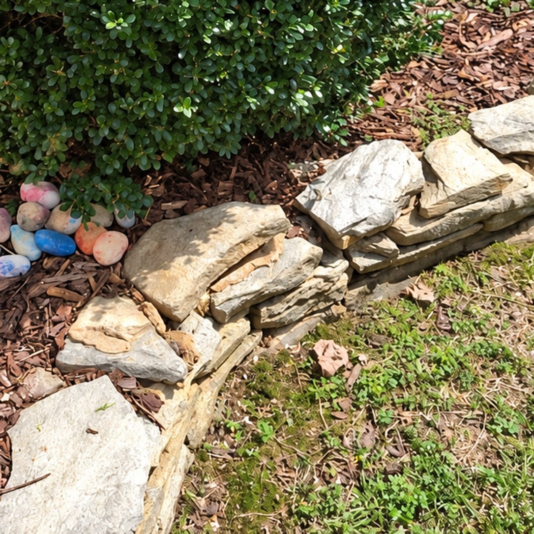 Trimmed boxwood-type shrub in a bed of shredded mulch bordered by flat gray fieldstone against beige siding