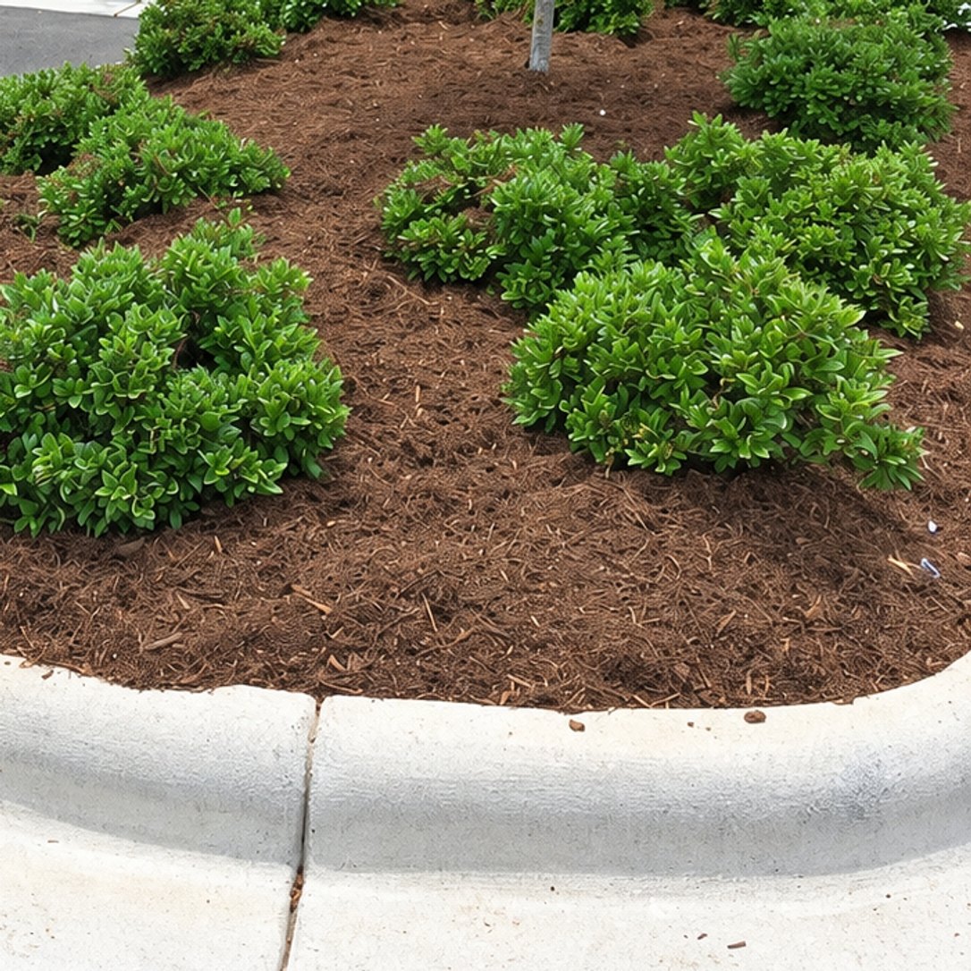Parking lot island edged with a white curb and planted with rounded green shrubs in dark mulch