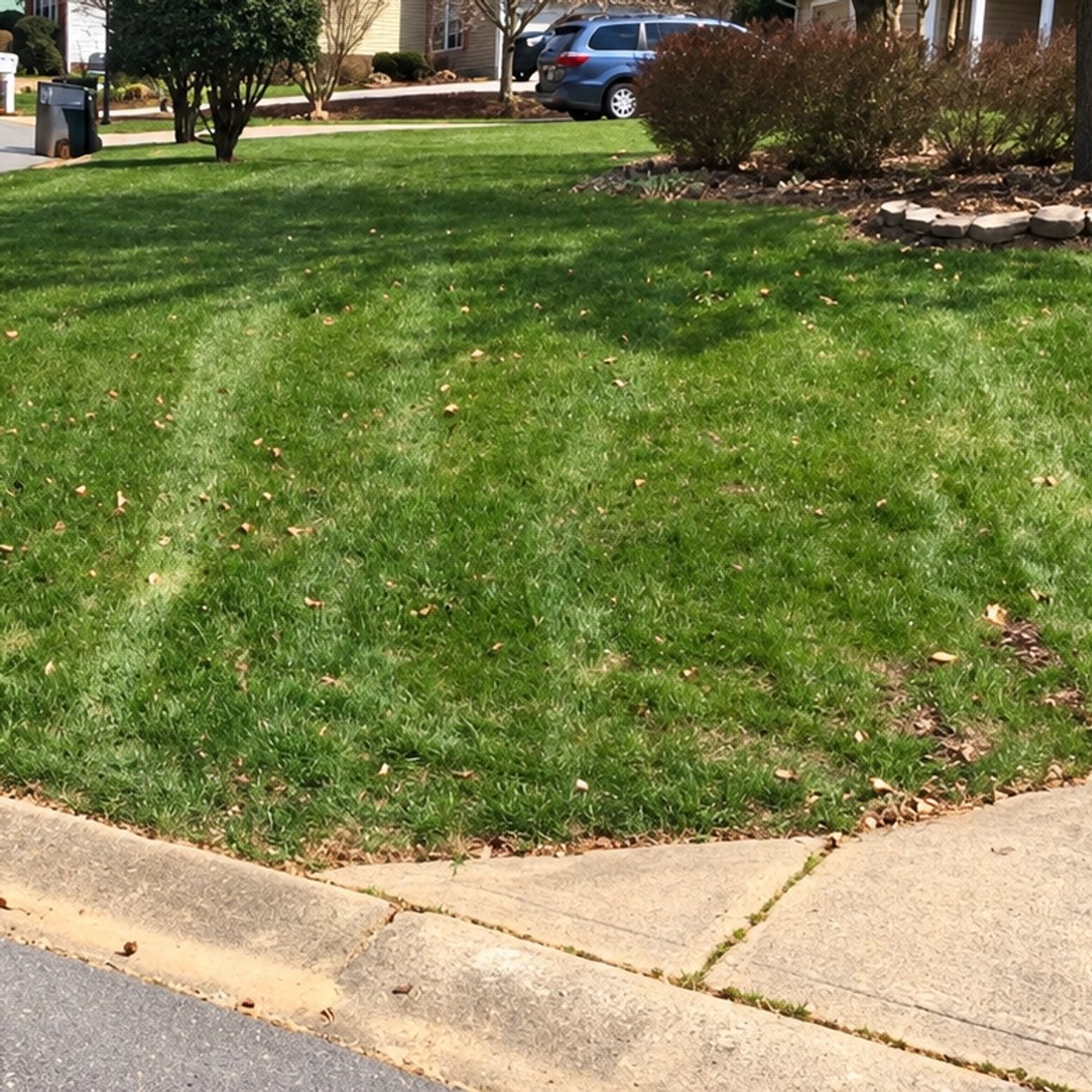Mowed lawn with faint stripes at a street corner with a flowering tree and a mulched shrub bed