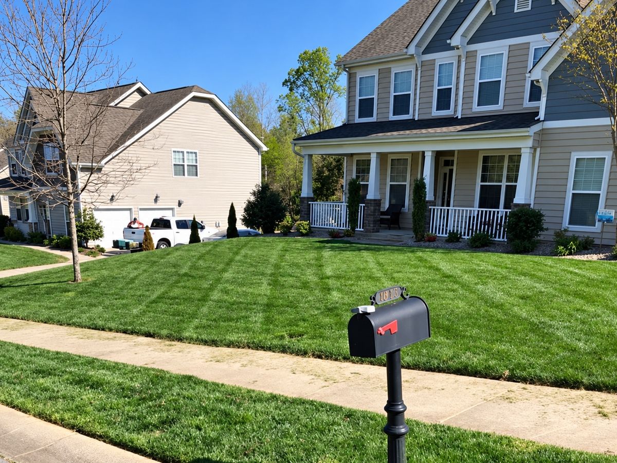 Mowed lawn with dark green stripes and a black mailbox on a post in front of a tan two-story home