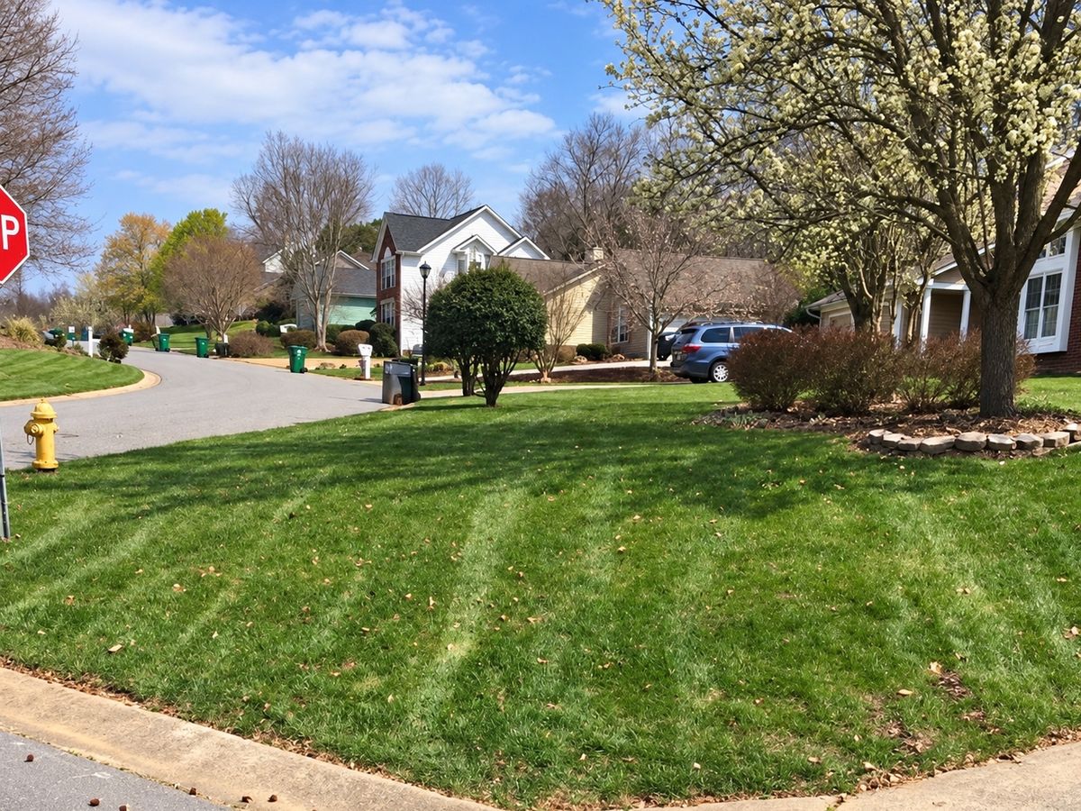 Freshly mowed corner lawn with faint mowing stripes beside a curb, a stop sign and a flowering tree