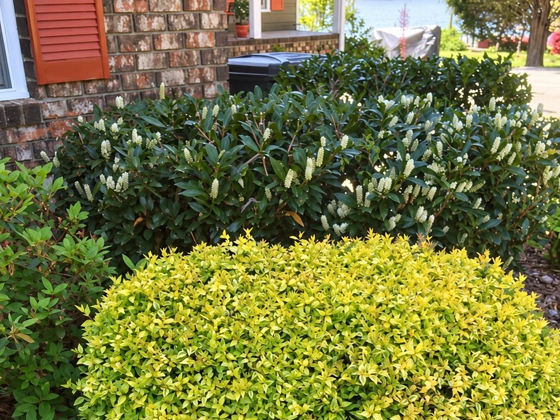 Rounded golden-green shrub in front of dark green flowering shrubs and a brick wall