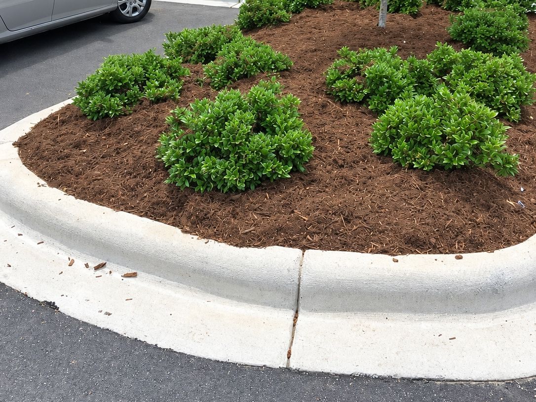 Rounded shrubs planted in a curbed island of fresh dark brown mulch beside a parking space