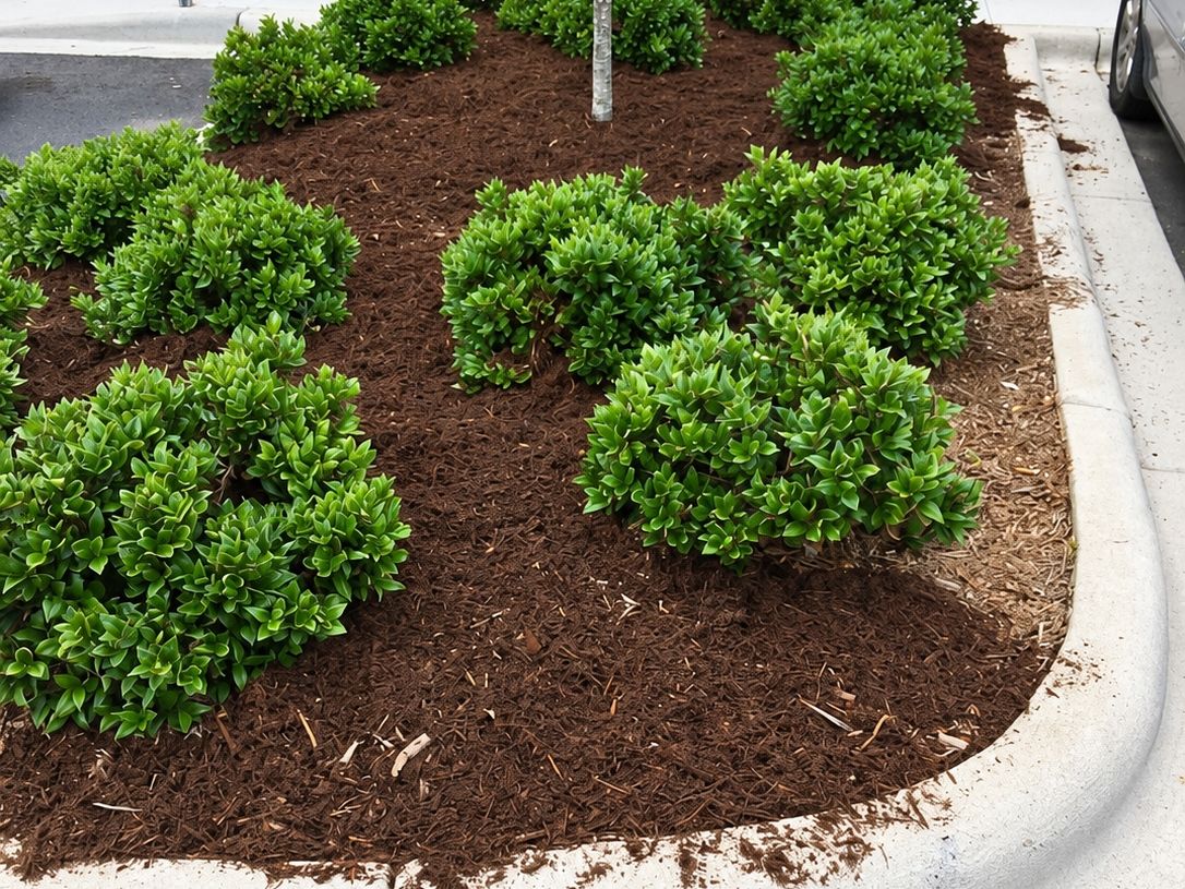 Curbed planting island with several rounded shrubs in fresh dark mulch beside a white curb