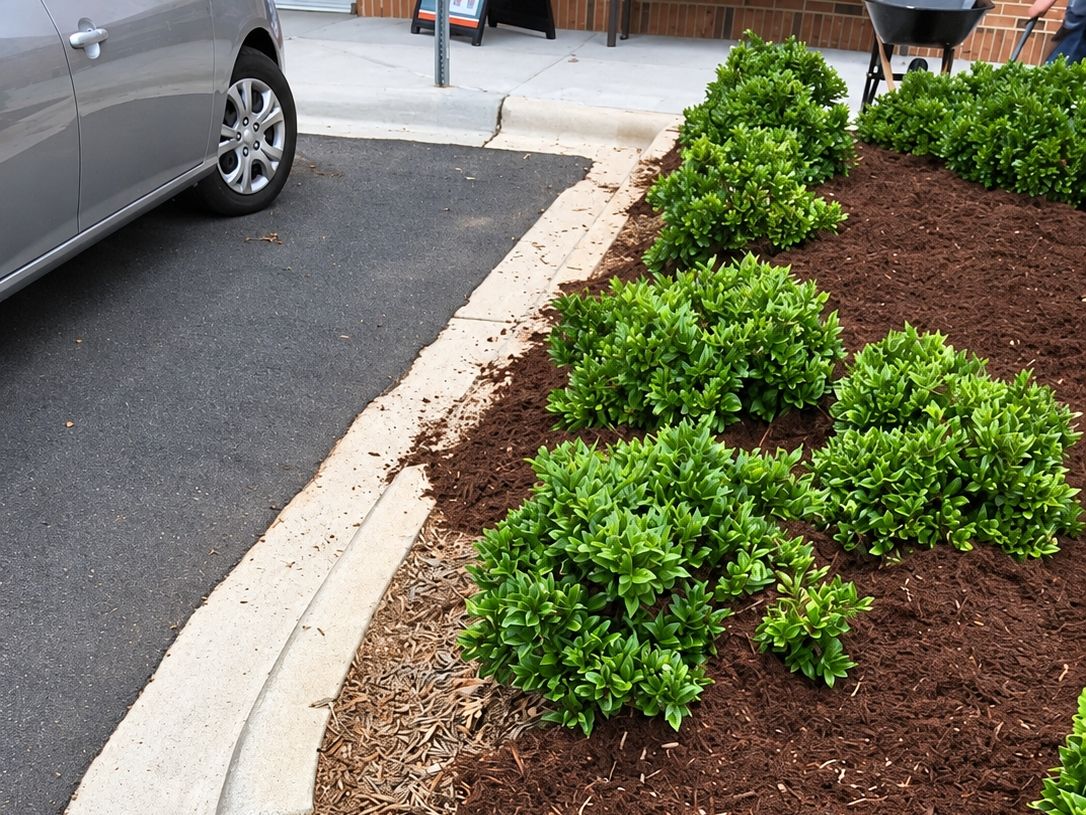 Curved concrete curb with a mulched bed behind it, three rounded shrubs, and pine straw along the edge