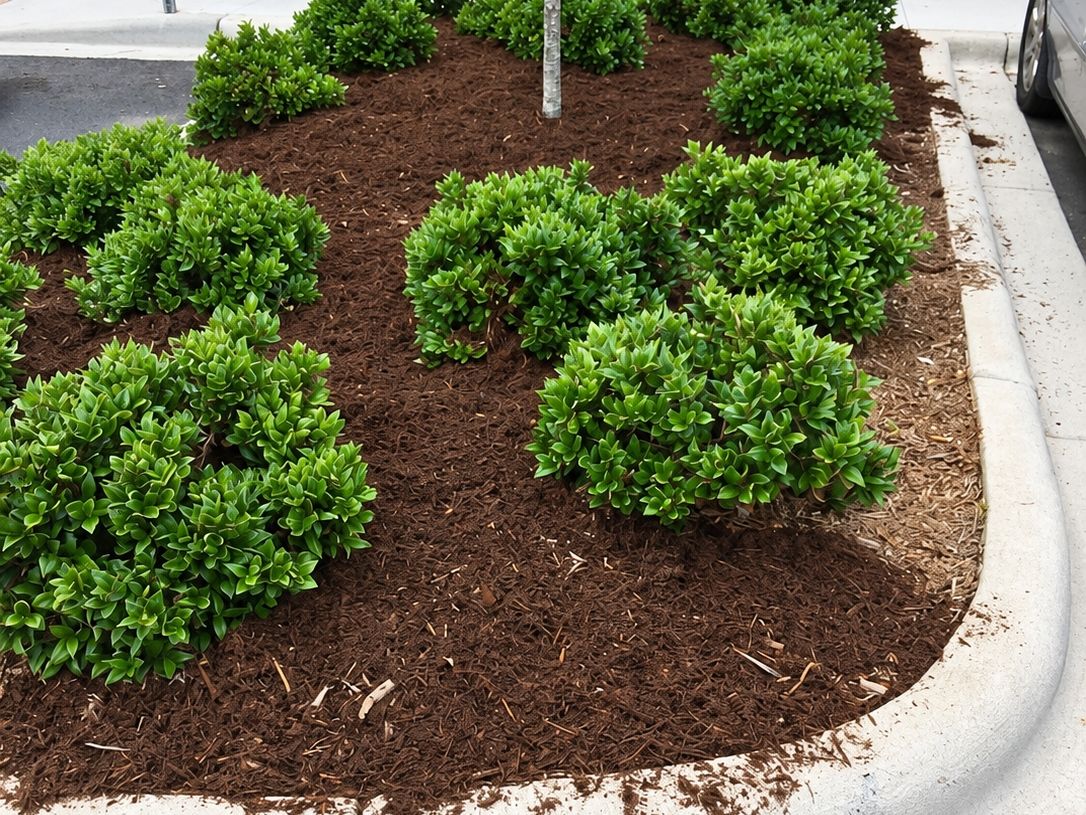 Curbed island planted with a young tree and rounded green shrubs in fresh dark mulch