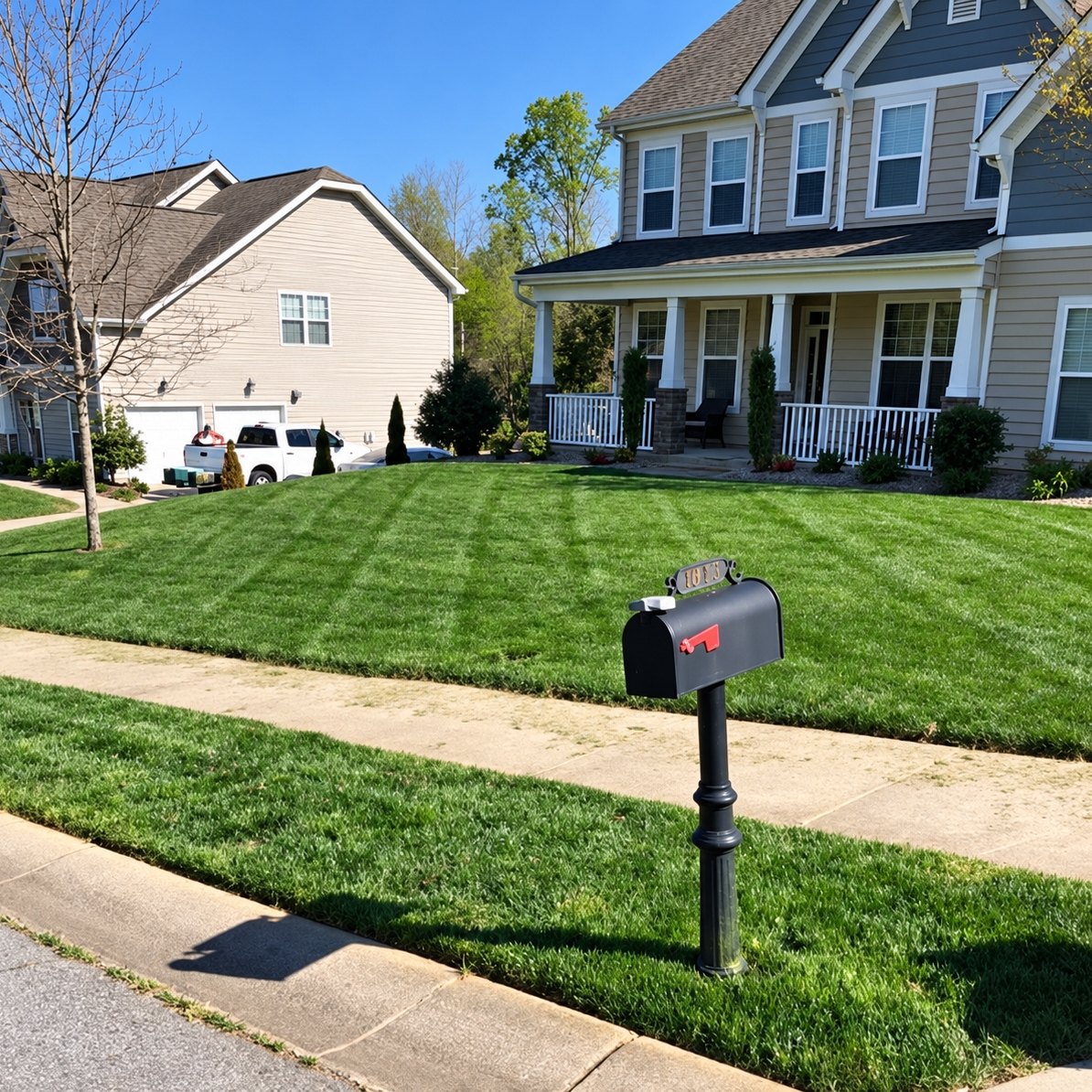 Deep green striped mowed lawn with a black mailbox on a post, a sidewalk and a two-story tan house with a covered porch