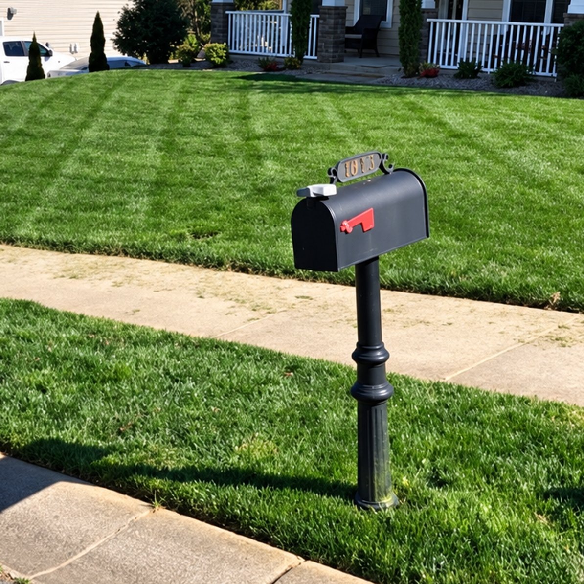 Freshly mowed lawn with deep green stripes and a black mailbox on a post beside the sidewalk, a tan two-story house behind
