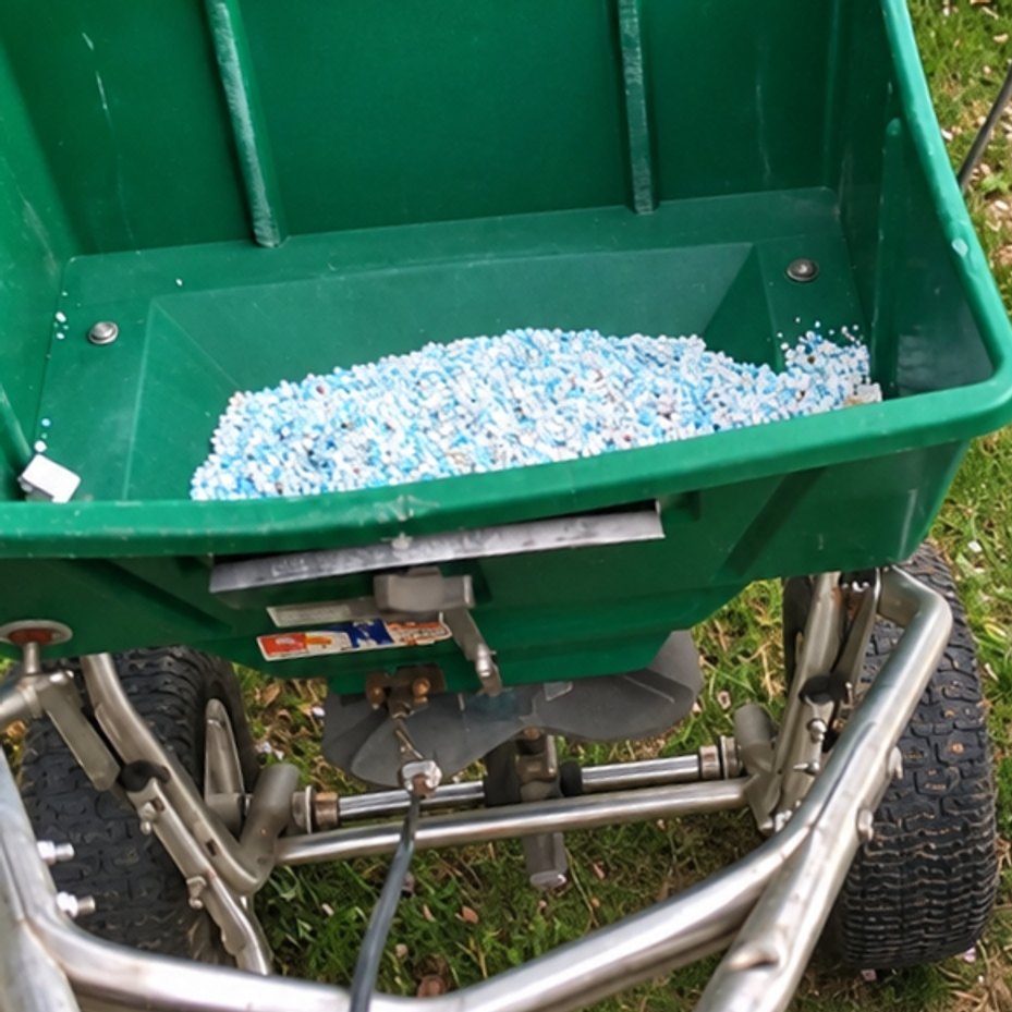 Walk-behind spreader with blue and white granules in its green hopper above a metal frame on thin lawn