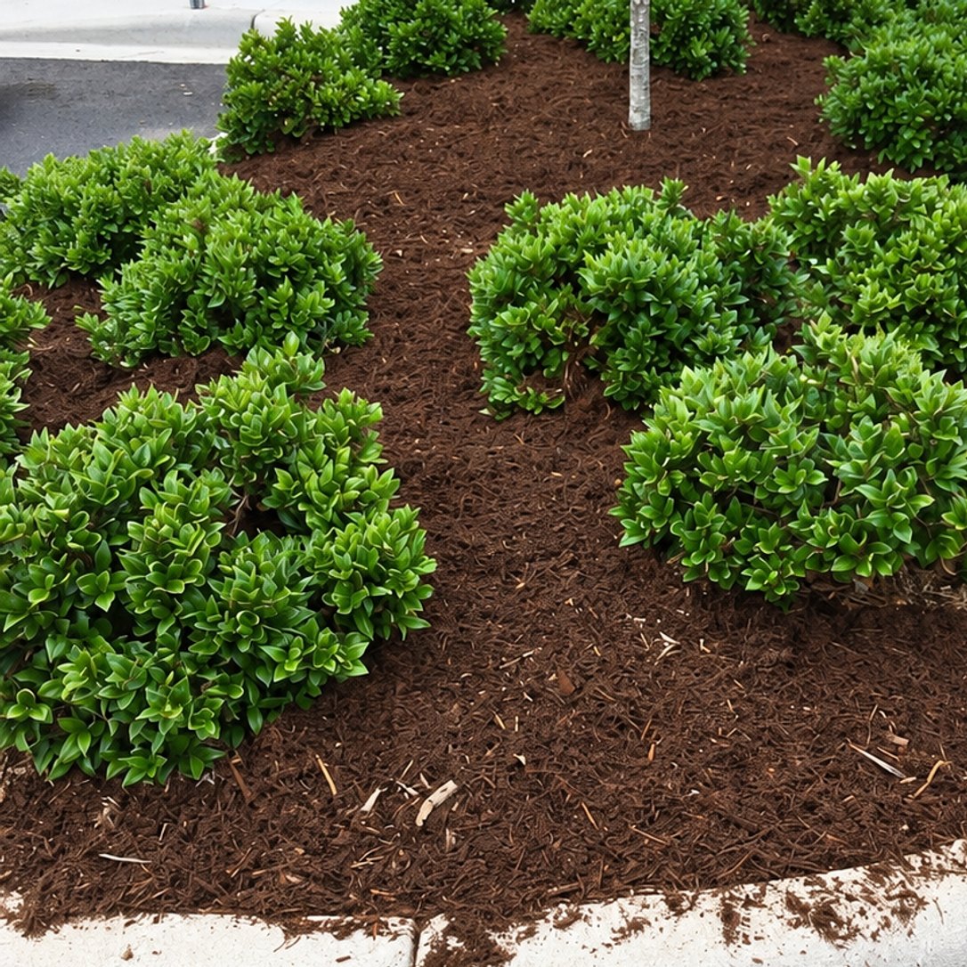 Rounded green shrubs set in a bed of smooth, fresh dark mulch