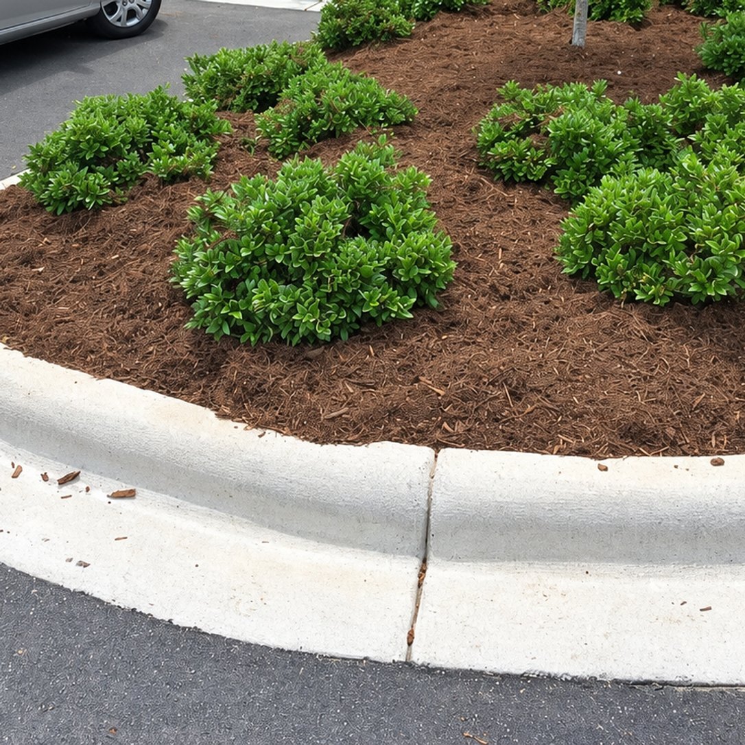 Curbed parking-lot island with rounded shrubs in fresh dark brown mulch