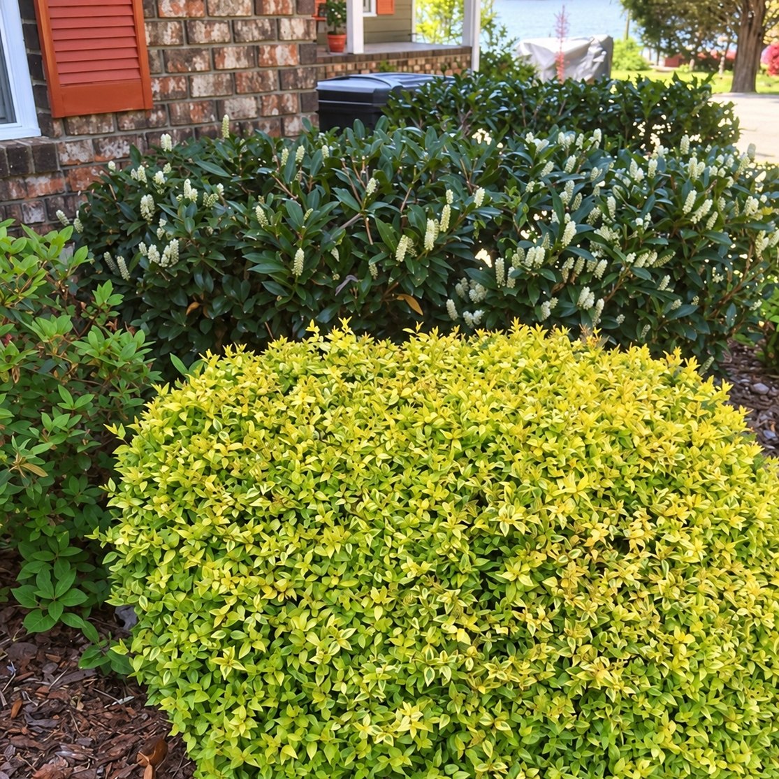 Round golden-green shrub beside dark green flowering shrubs against a brick wall